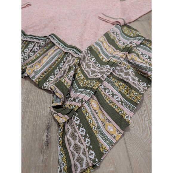 Oddy Boho Tribal Shark Bite Hem Tunic Top Long Sleeve Women's Medium Pink Green - Picture 8 of 14